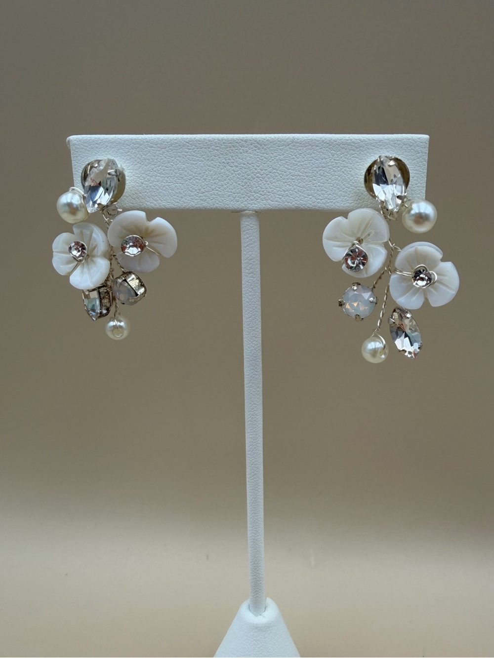 Bridal White Floral Pearl Crystal Drop Earrings